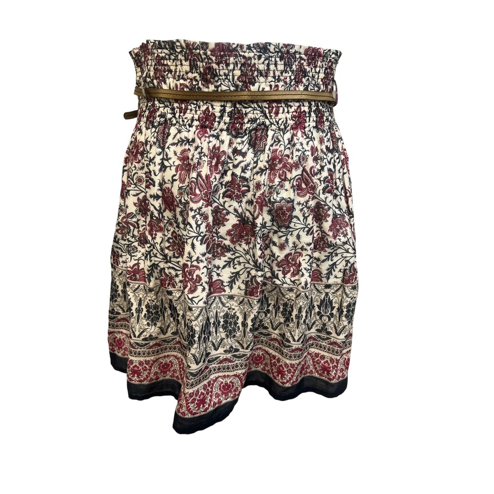 Zara Boho Floral Mini Skirt Smocked Waist Burgundy Navy Sz XL Cottagecore Summer